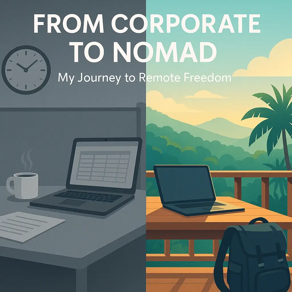 Split image of corporate office vs nomadic remote work setup